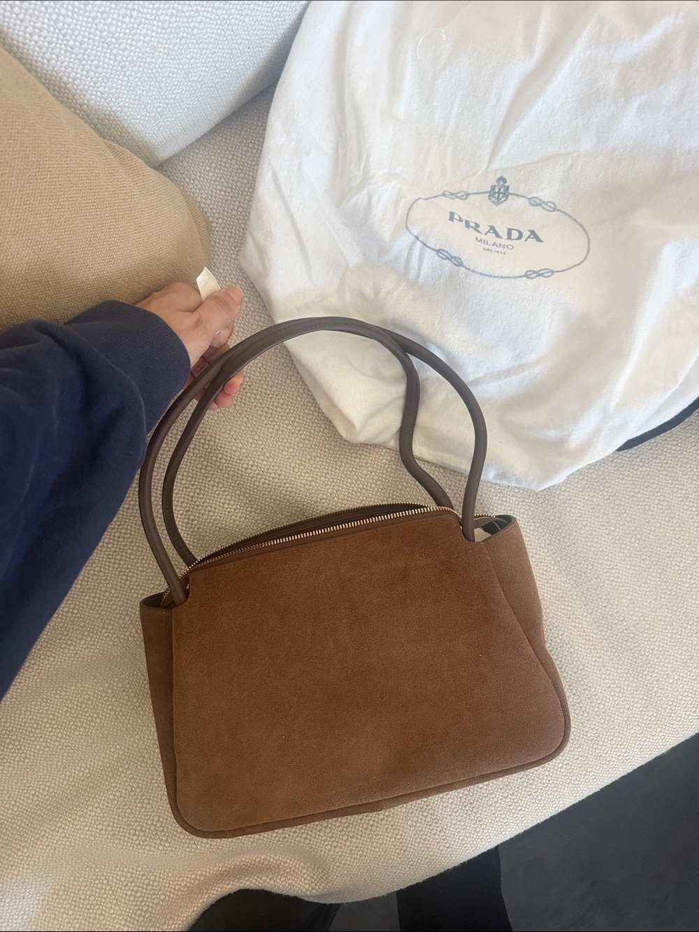 Designer Prada Suede Shoulder Bag in Brown with Gold Logo - Picture 2 of 3